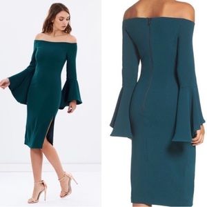 BARDOT| off shoulder bell sleeve teal midi dress